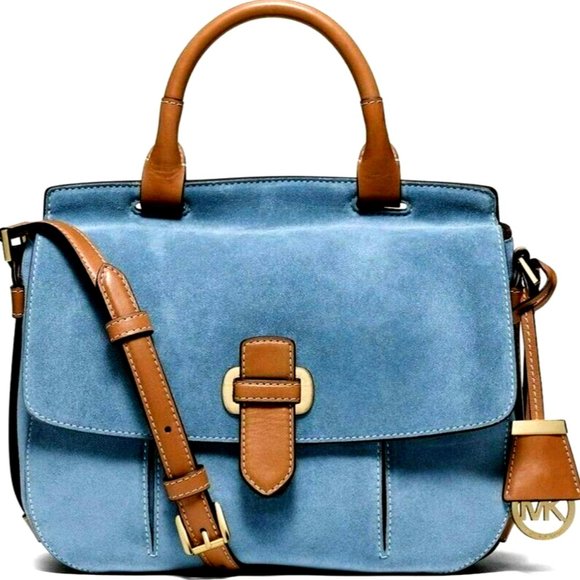 MICHAEL KORS ROMY DENIM BLUE BROWN LARGE LEATHER CROSSBODY